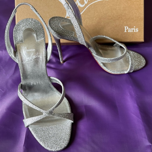 Christian Louboutin Emilie 100 Slingback Sandals Heels Shoes Silver Glitter 36.5 - Picture 6 of 16